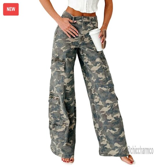 Wide Leg Cargo Jeans Distressed Denim Multi Pocket Y2K Style